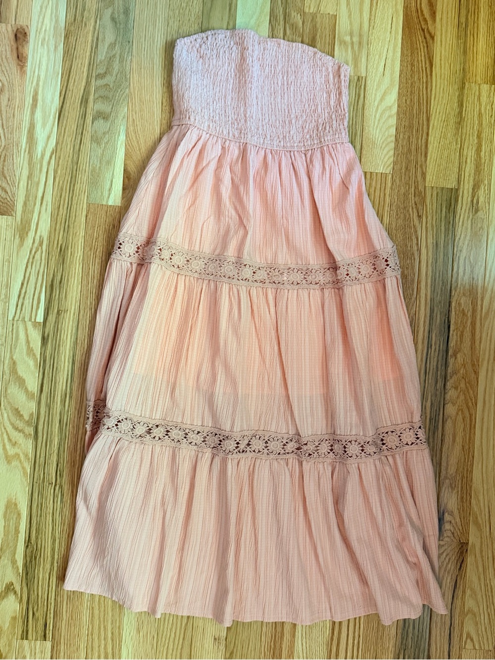 Strapless Pink Boho Tiered Midi Dress